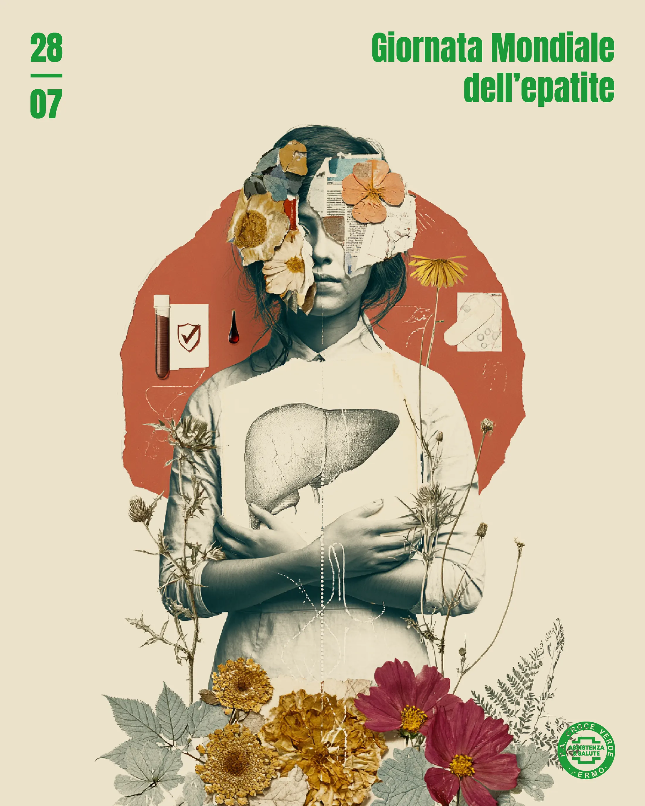 Manifesto a collage per la Giornata mondiale dell’epatite, illustrazione anatomica e fiori