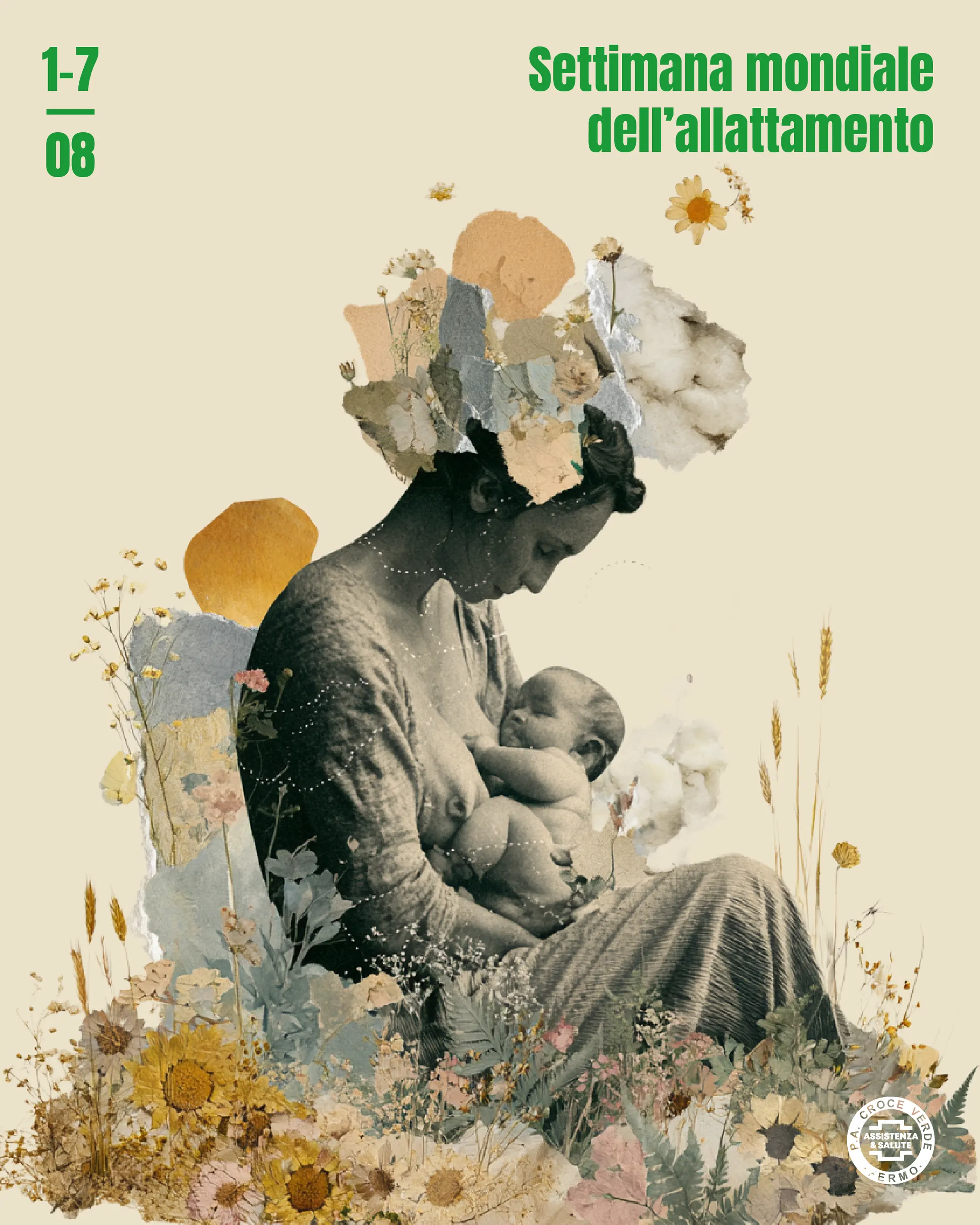 Manifesto a collage per la Settimana mondiale dell’allattamento, figura materna fra i fiori