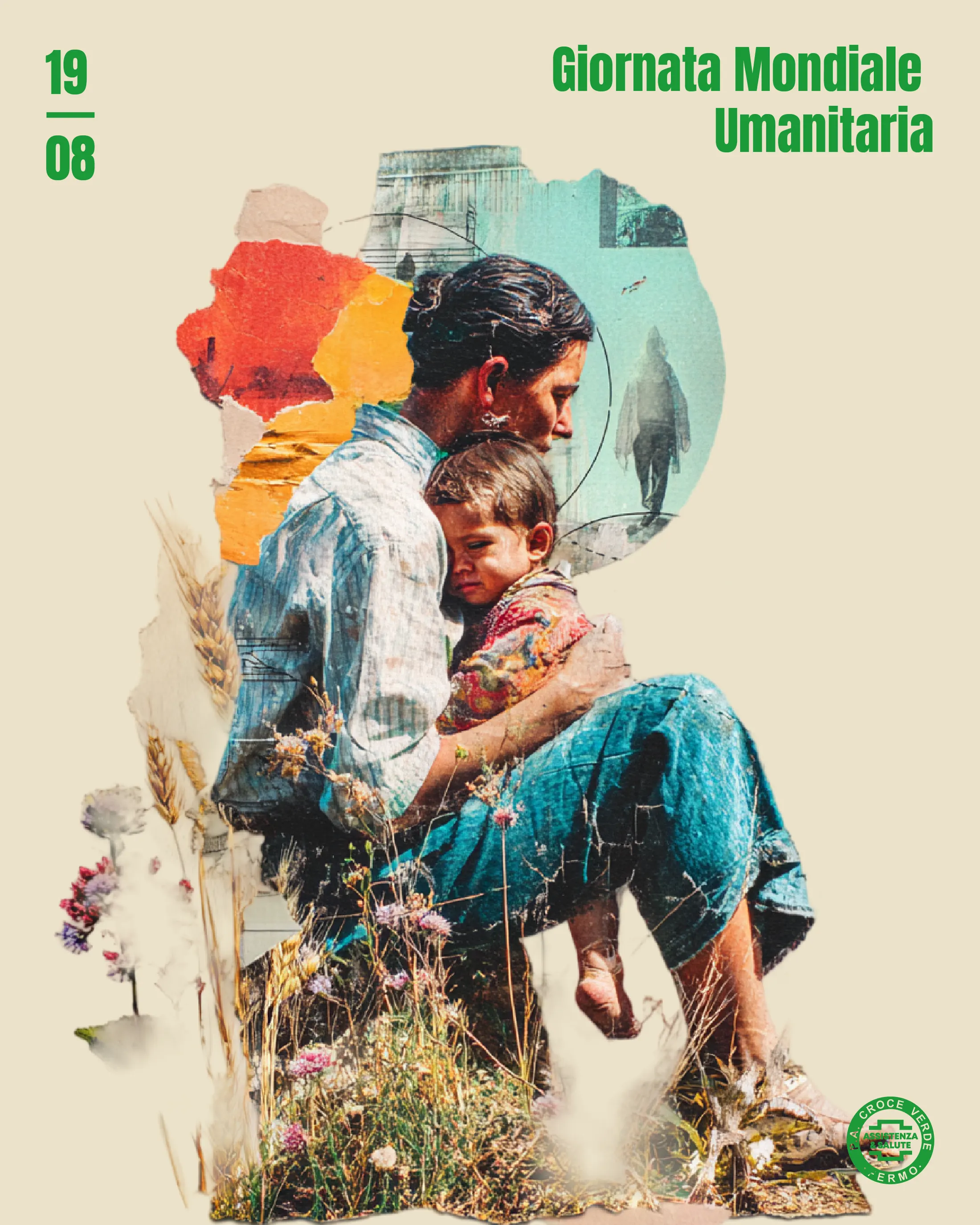 Manifesto a collage per la Giornata mondiale umanitaria, figura con bambino