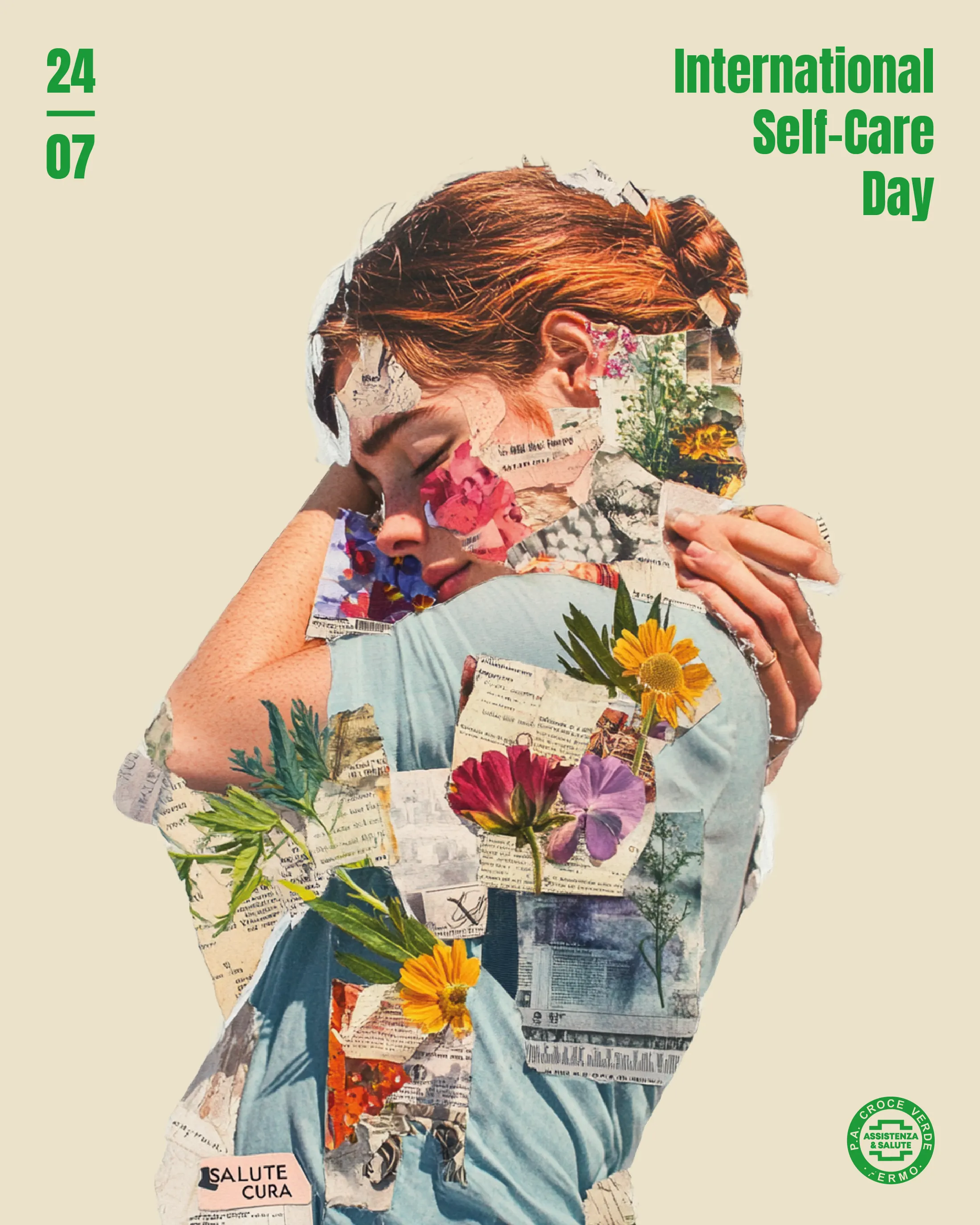 Manifesto a collage per l’International Self-Care Day, figura abbracciata a se stessa