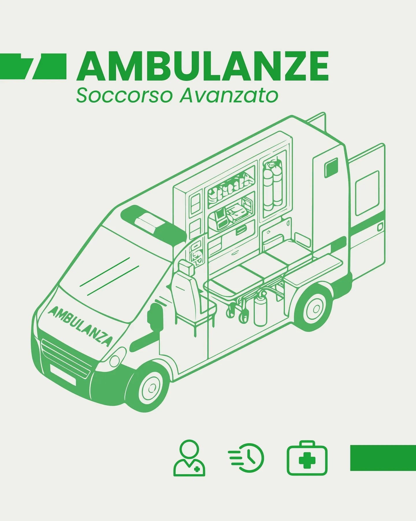 Infografica verde: ambulanza di soccorso avanzato disegnata in assonometria