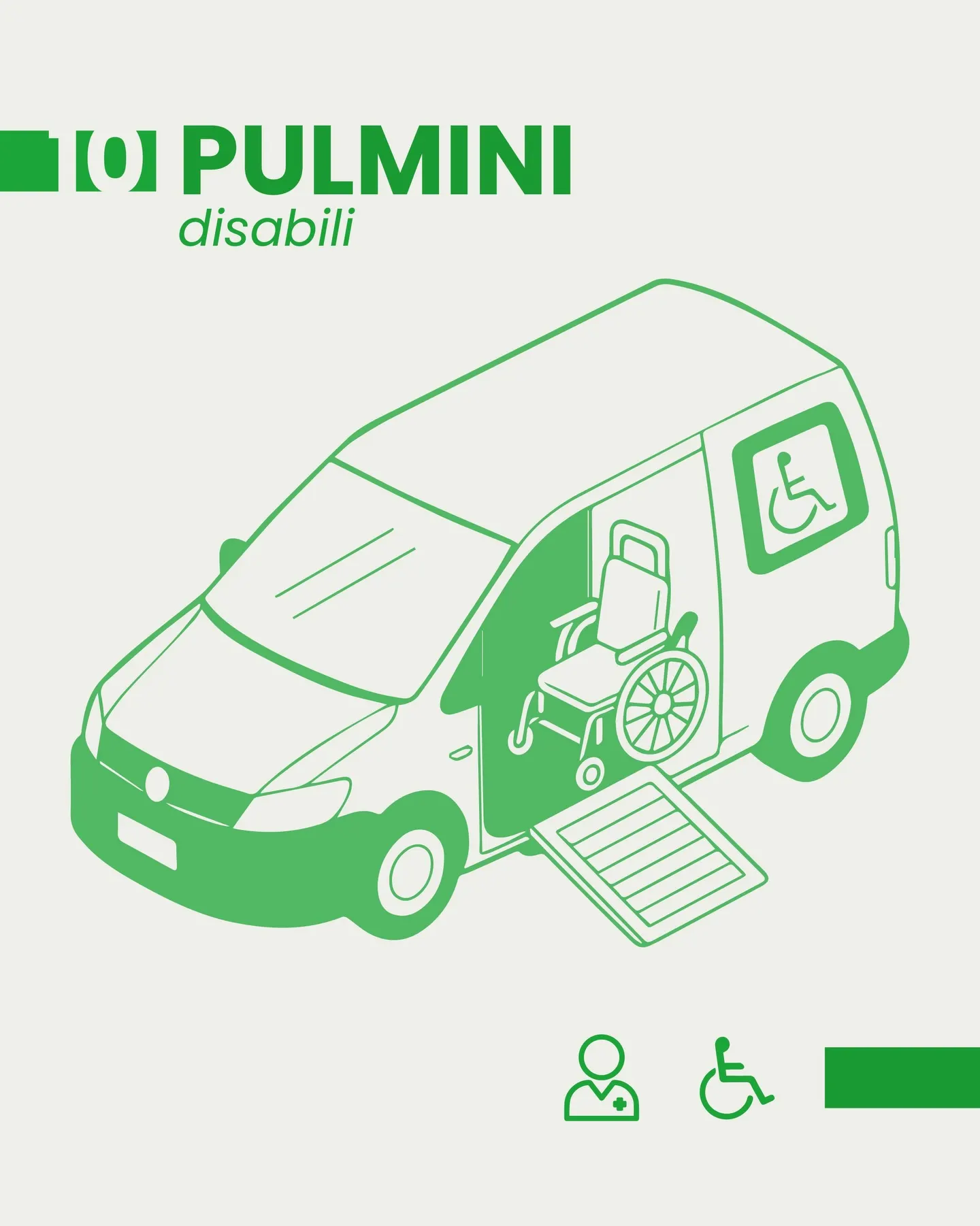 Infografica verde: pulmino attrezzato per il trasporto disabili con pedana
