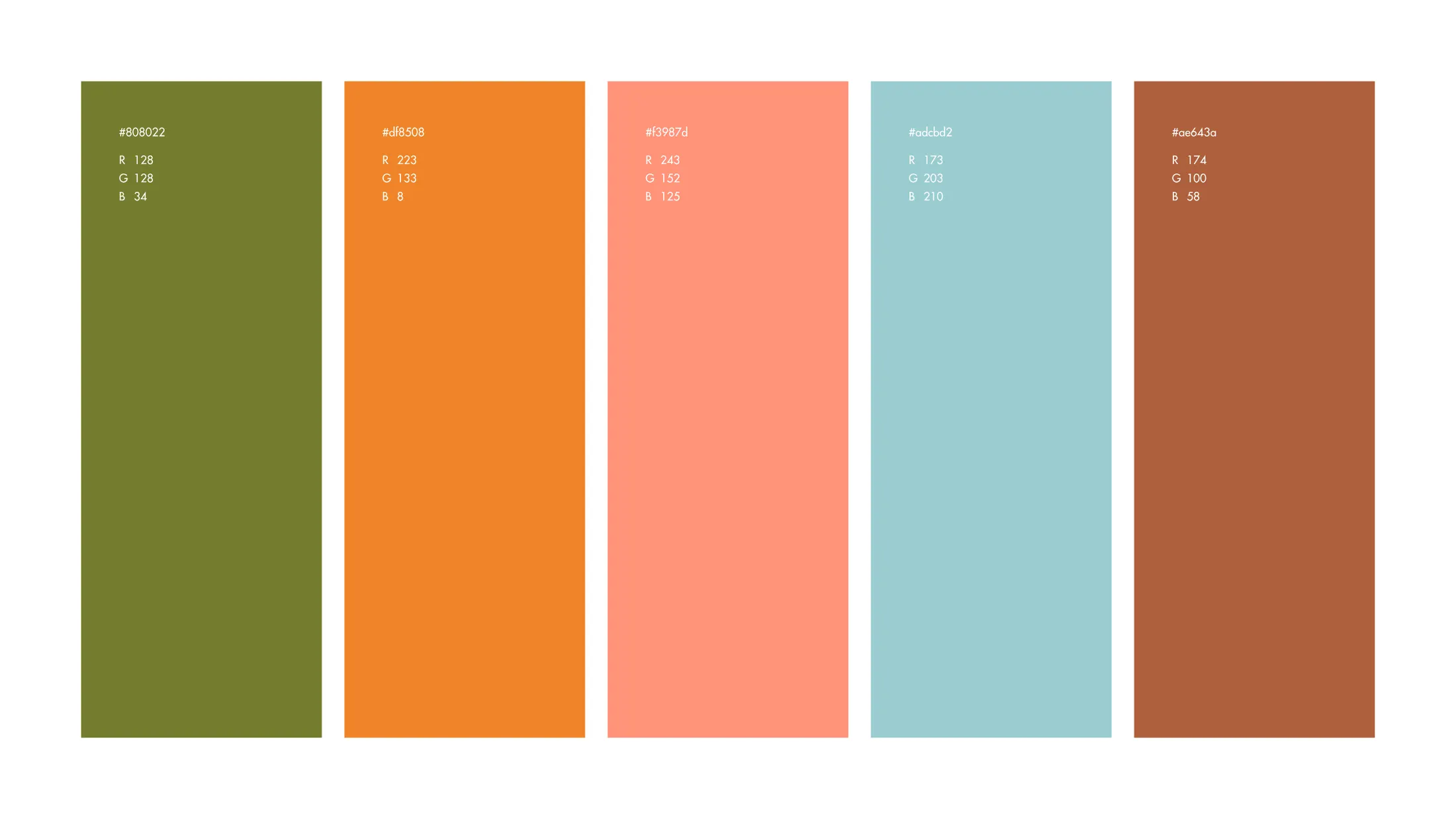 Palette del marchio: verde oliva, arancio, salmone, azzurro e terracotta con i valori
