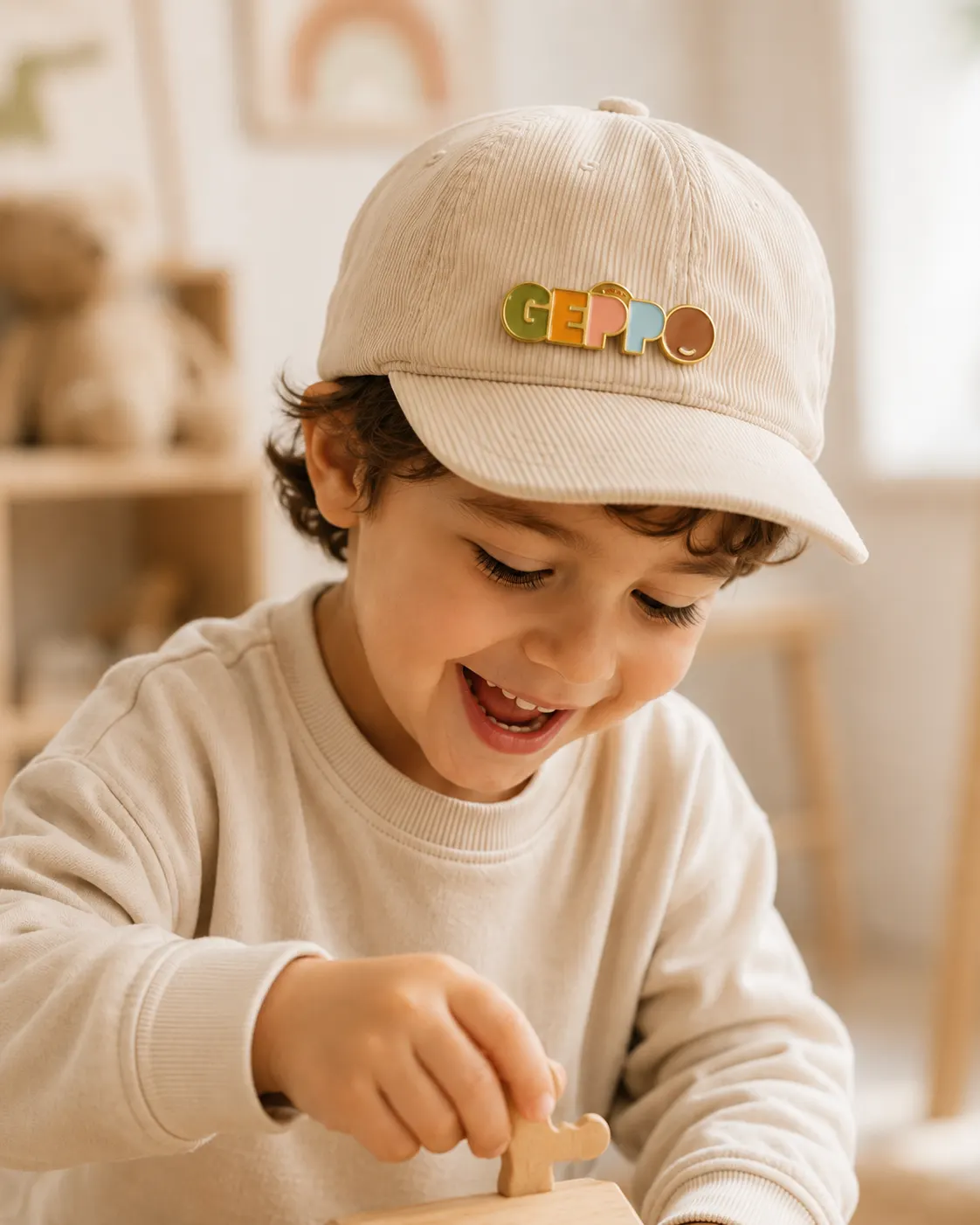 Bambino con cappellino Geppo che gioca con costruzioni in legno