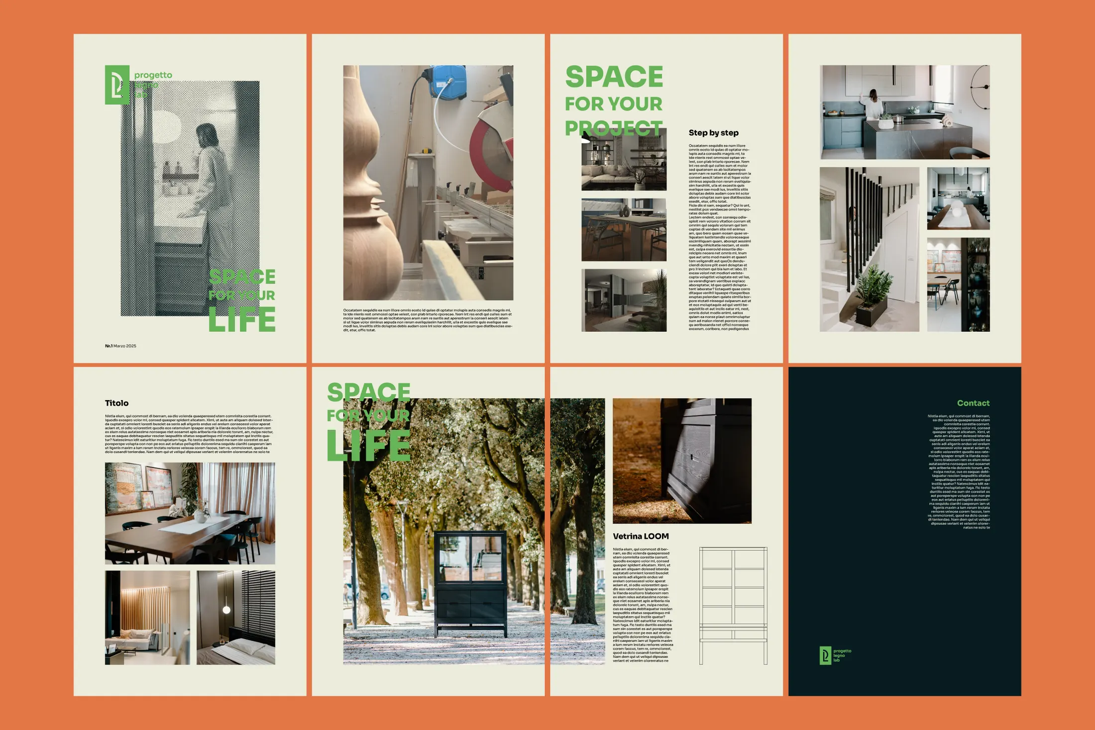 Doppie pagine del catalogo su fondo arancione, impaginato editoriale