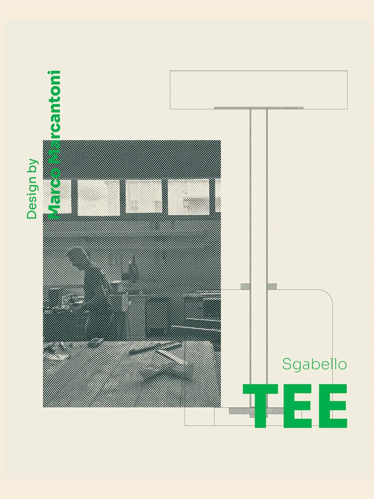 Pagina editoriale con disegno tecnico di uno sgabello e la scritta Tee