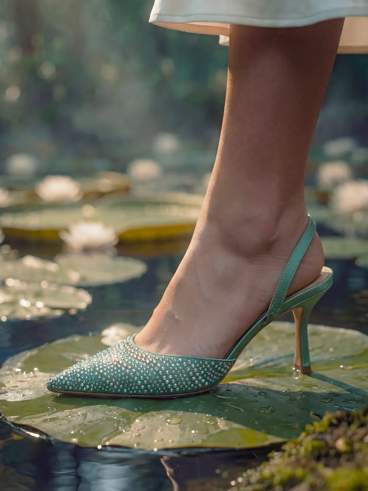 Immagine generata: slingback verde acqua appoggiata su una foglia di ninfea