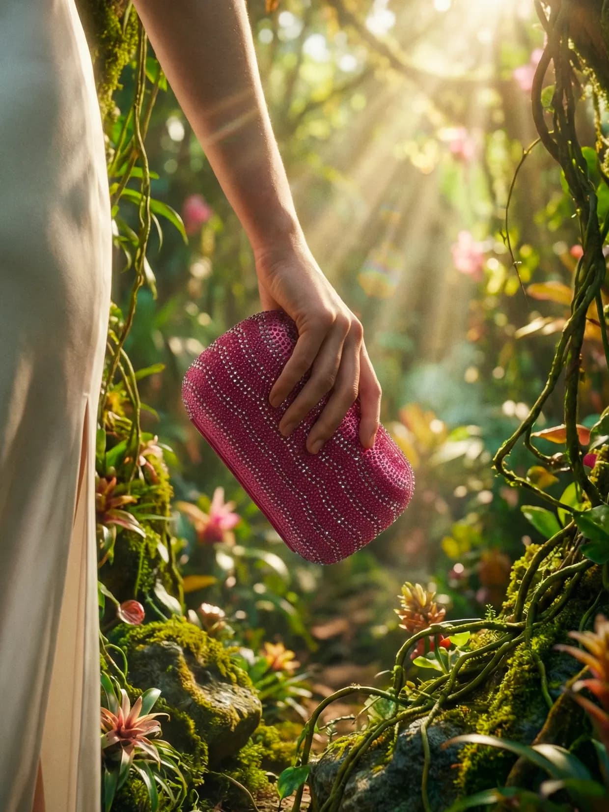 Immagine generata: mano che regge una clutch fucsia intrecciata in una radura fiorita