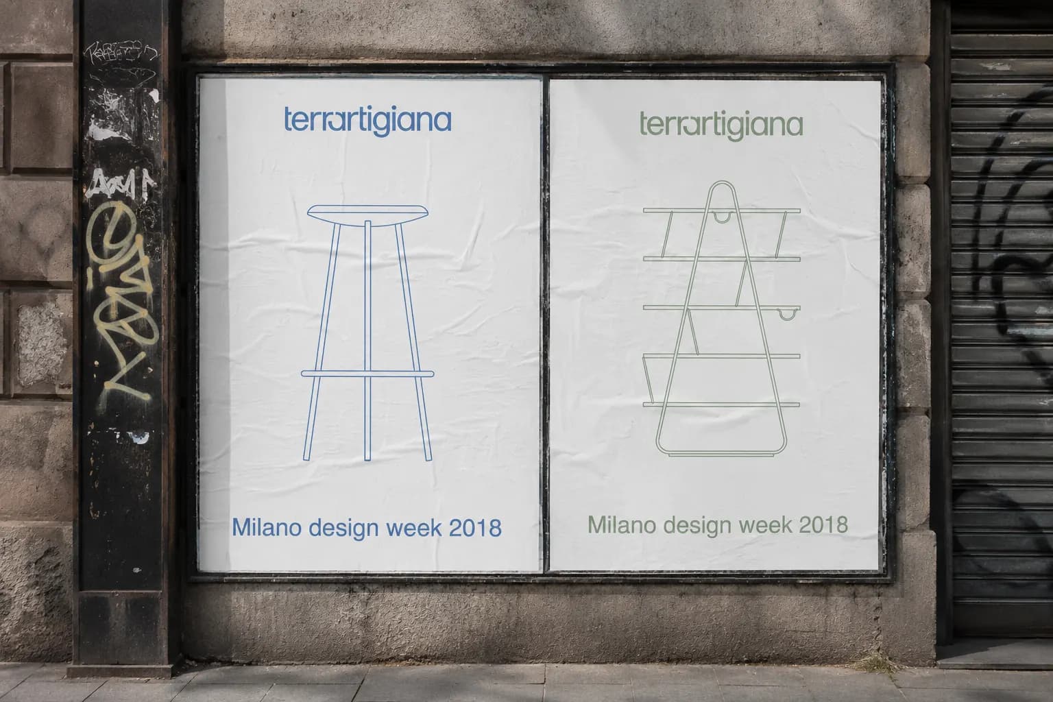 Due manifesti affissi in strada con i disegni dello sgabello e della libreria, Milano design week 2018