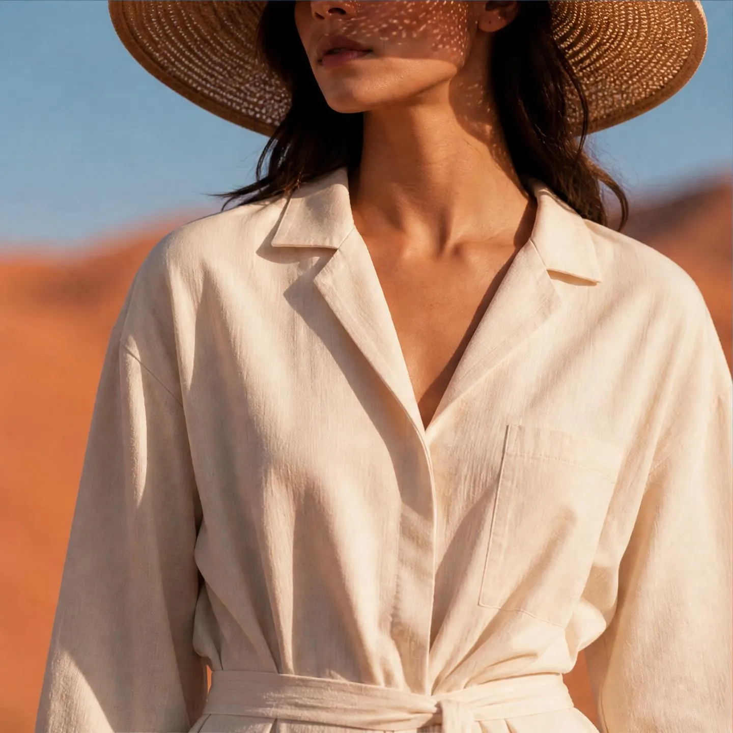 Immagine generata: cappello a tesa larga e camicia di lino contro le dune rosse