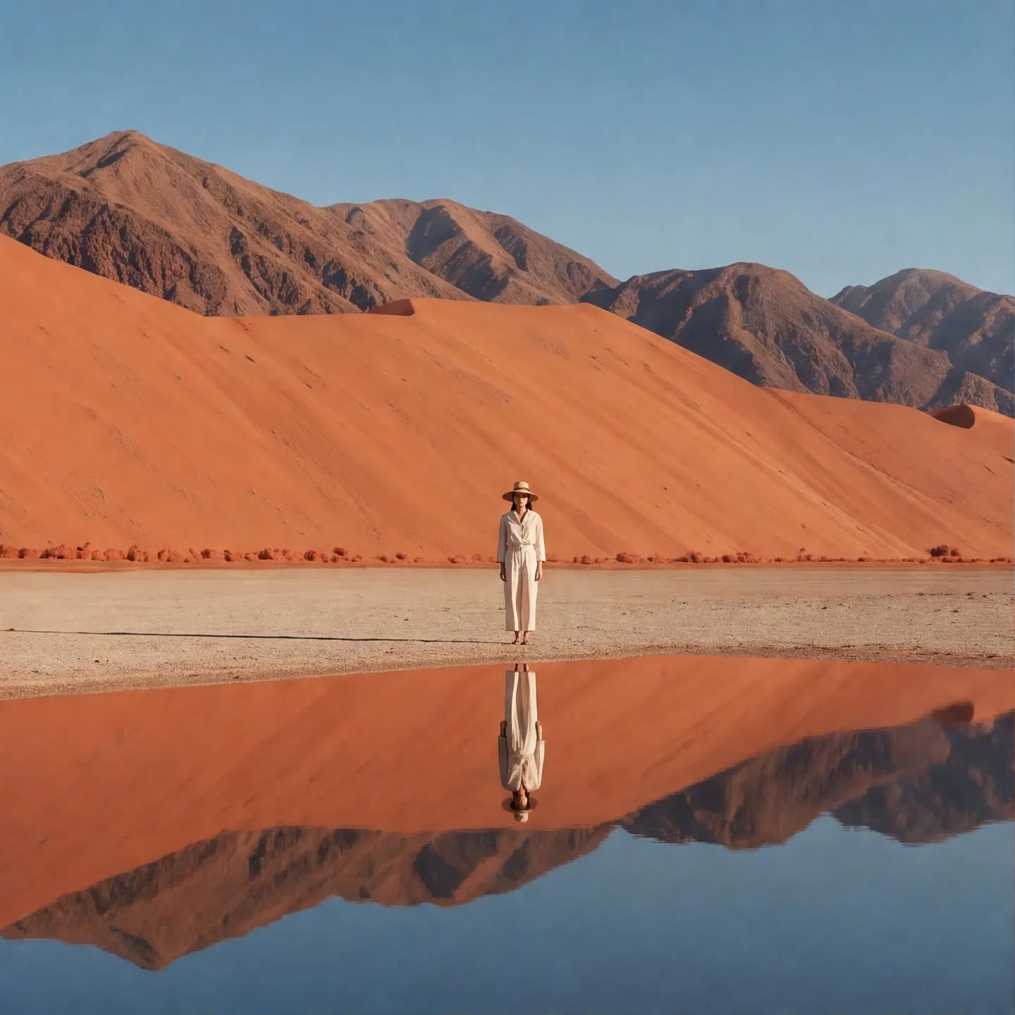 Immagine generata: figura minuscola riflessa in una salina davanti a dune e montagne