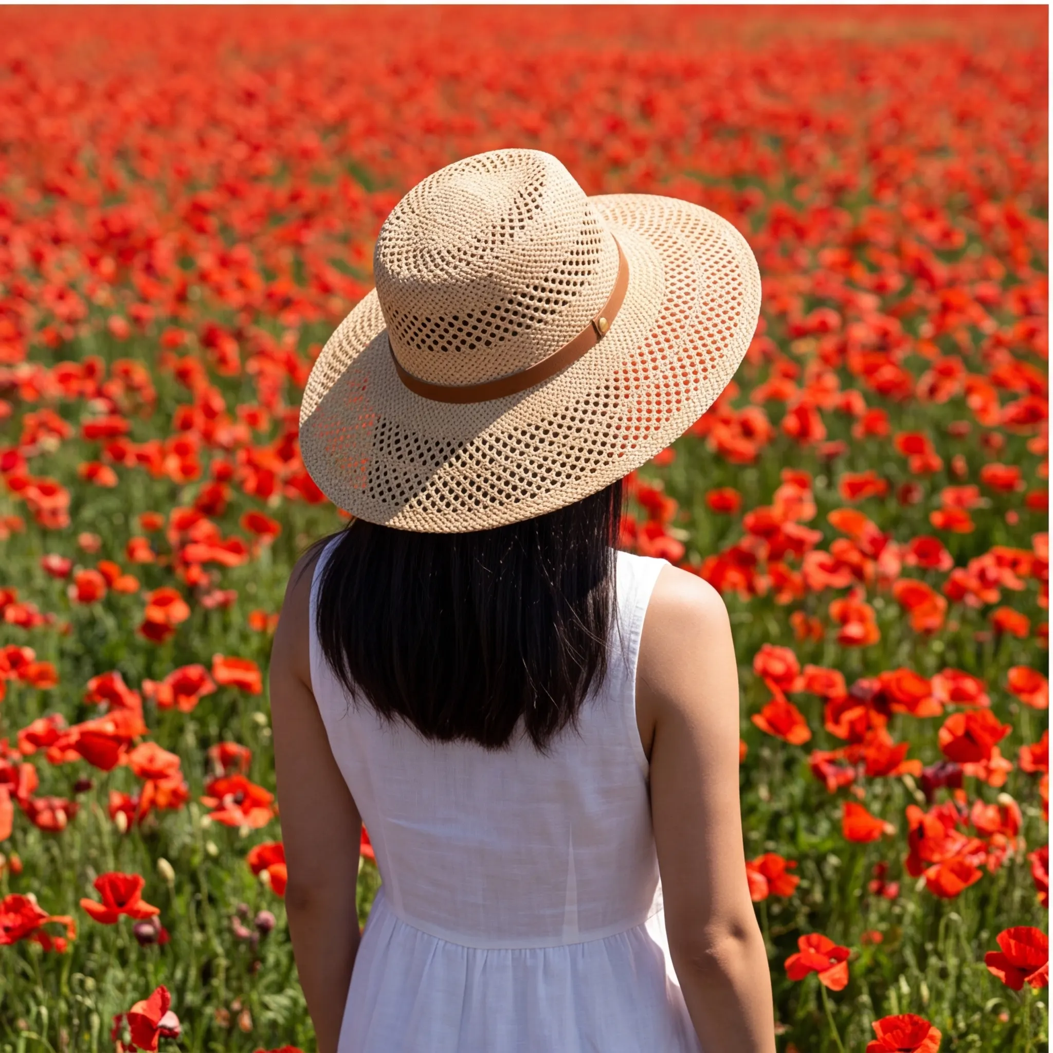 Immagine generata: figura di spalle col cappello in un campo di papaveri rossi