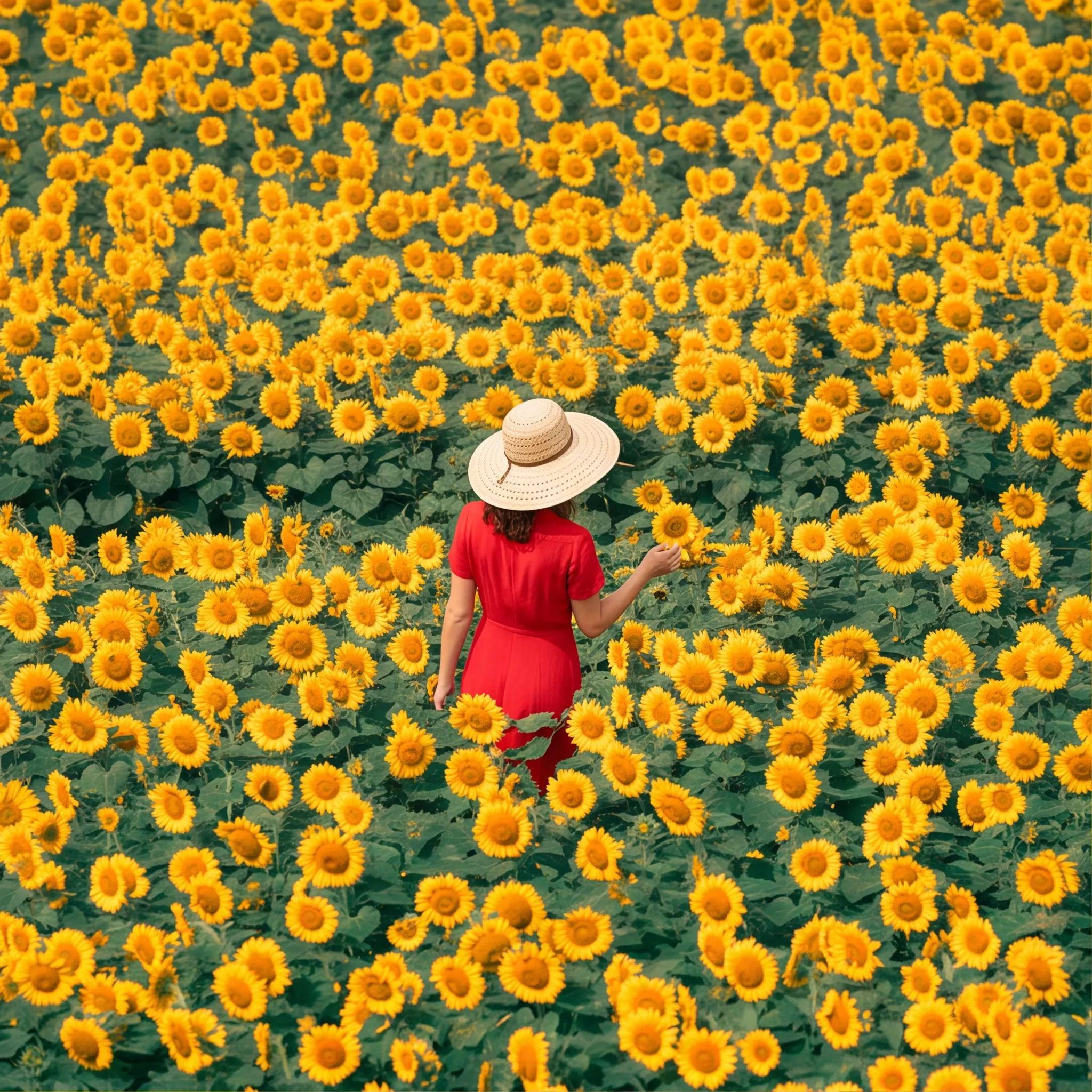 Immagine generata dall’alto: figura in rosso col cappello in un campo di girasoli