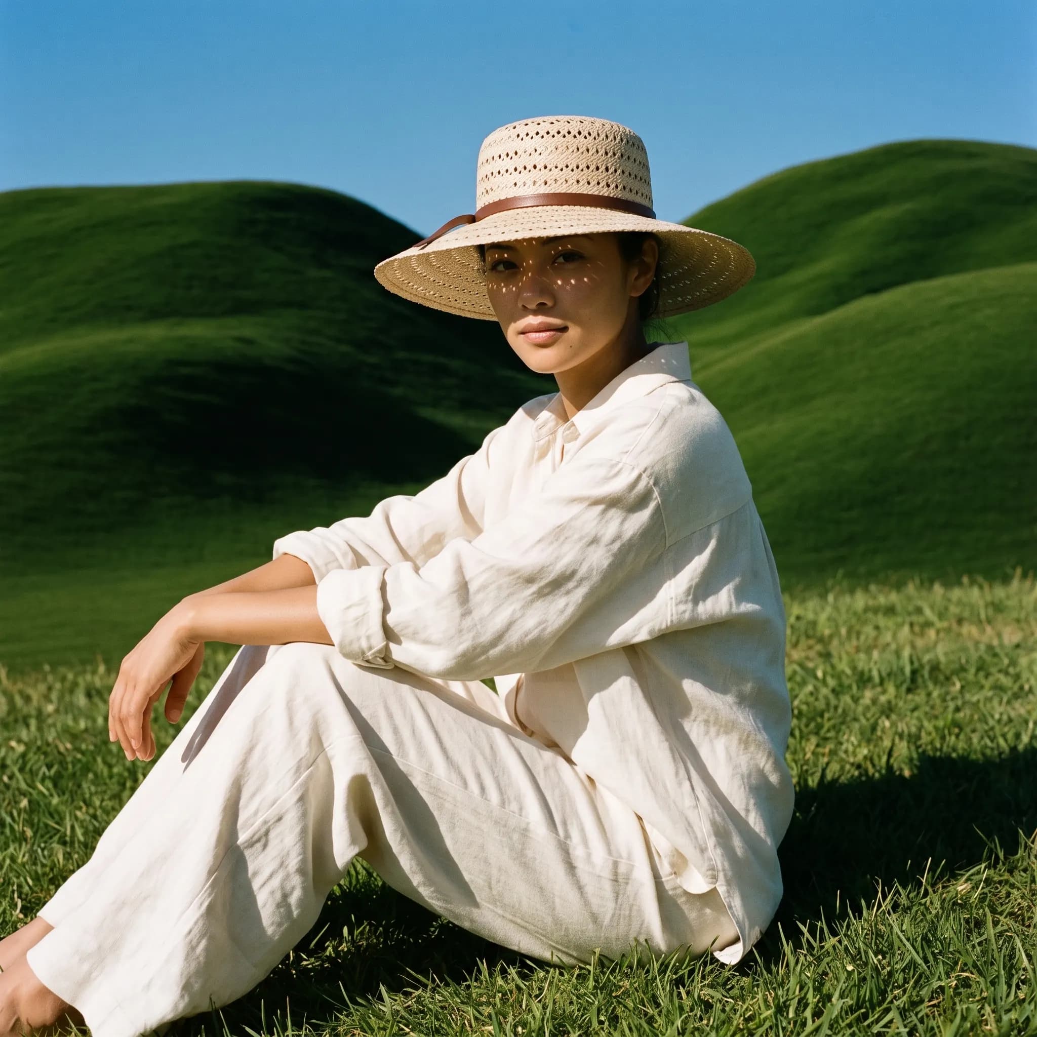 Immagine generata: figura seduta sull’erba col cappello, colline sullo sfondo